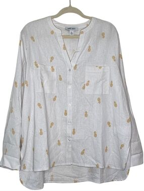 LINEN Pineapple Print Shirt XL Button-up with Pockets Roll Tab‎ Sleeves Coastal
